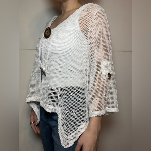 Nina Leonard White Open Knit Button Front Cardigan Boho Layering Top - Picture 4 of 11